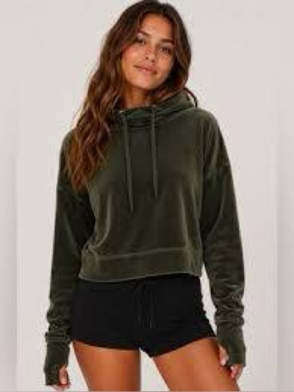 aerie Olive Velvet Cropped Hoodie